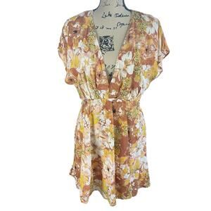 Free People Dress Sz Small Yellow Tan Floral Fit and Flare Plunge Neck Boho Mini
